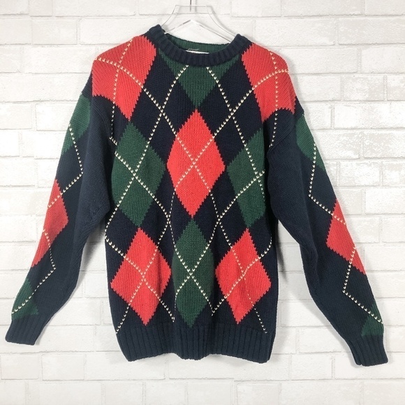 Tally Ho Vintage Argyle Knit Cotton Pullover Sweater Red Green Blue Men's - Picture 1 of 5